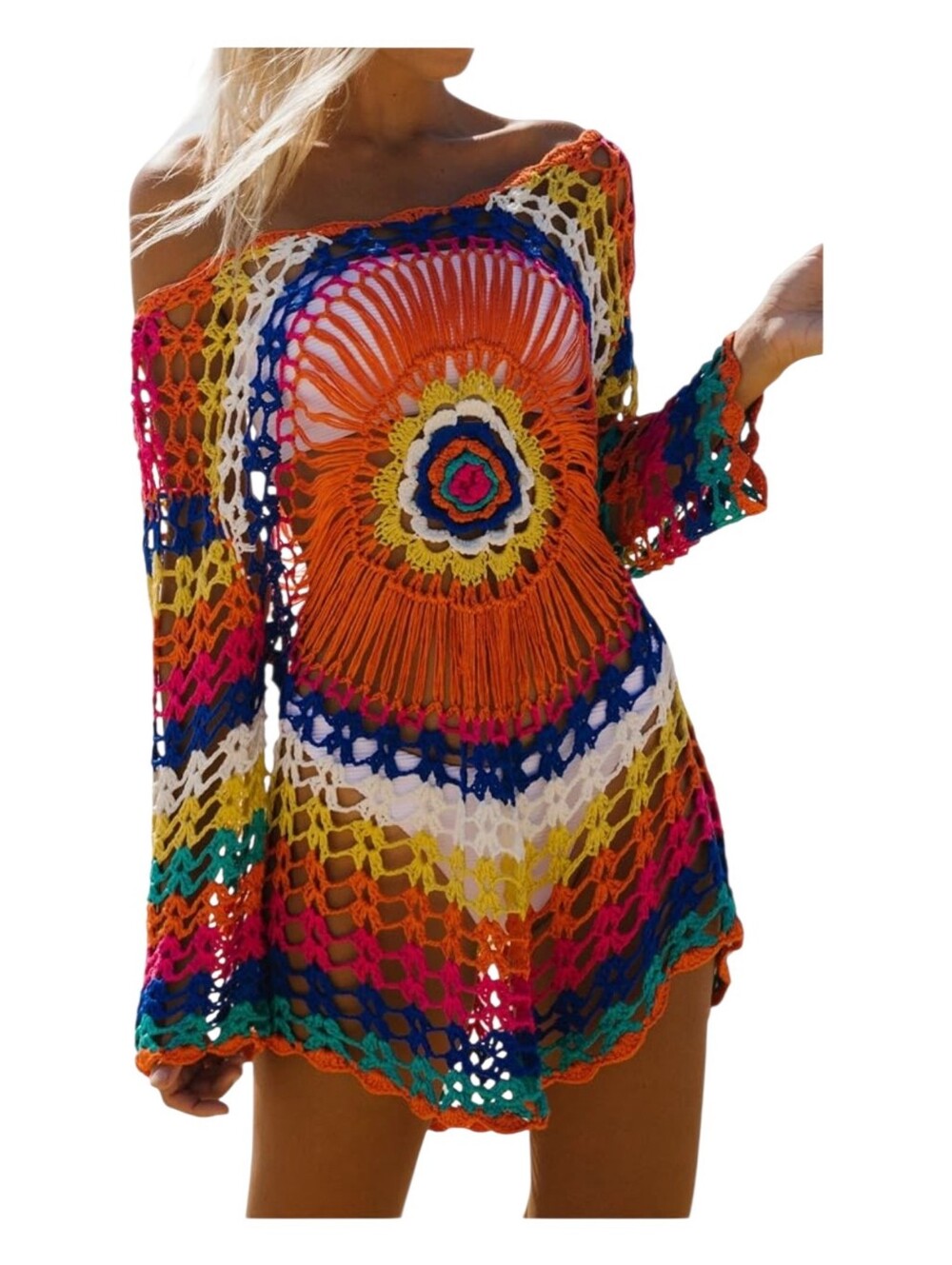 Multi-Colored Swimsuit Cover Up Open-Mesh Crochet Sunburst Flower Tunic Size *M
